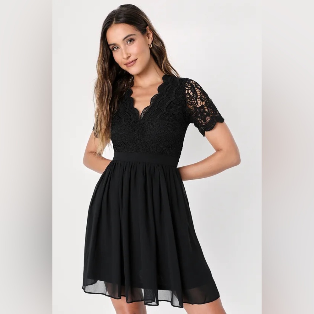 LULUs Angel in Disguise Black Lace Skater Dress in Black Size M